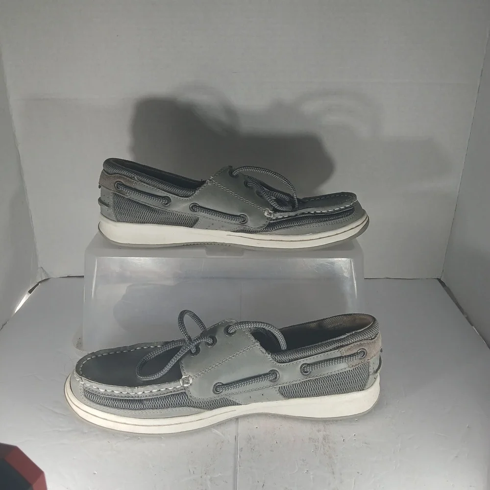 Margaritaville Wharf Boat Shoes 8.5 Gray Leather Mesh Nautical Coastal MG1565G